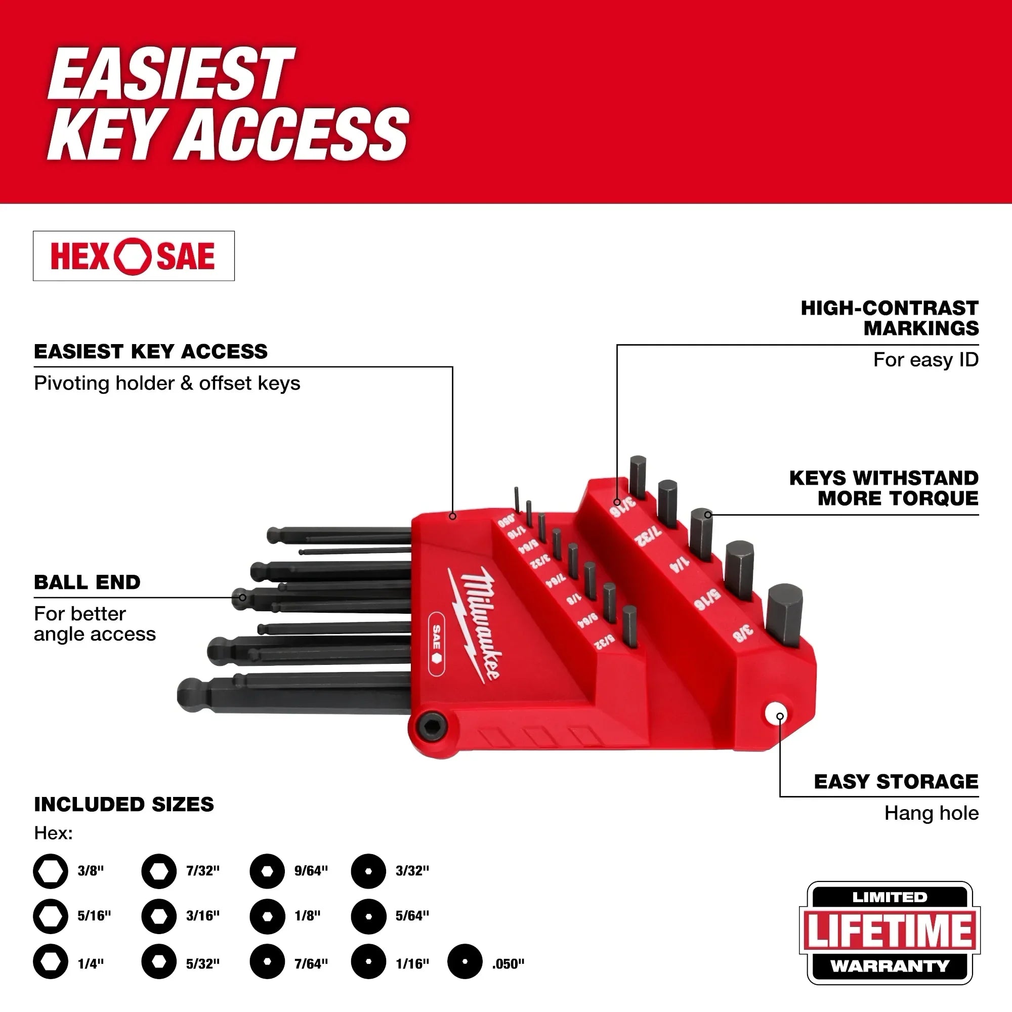 13-Piece SAE (Inches) Ball-End L-Style Hex Key Set (Pivoting Holder)