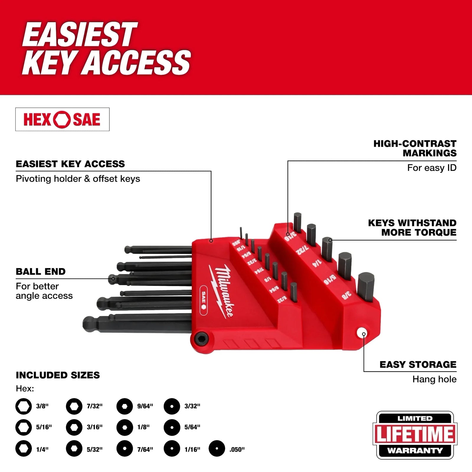 13-Piece SAE (Inches) Ball-End L-Style Hex Key Set (Pivoting Holder)